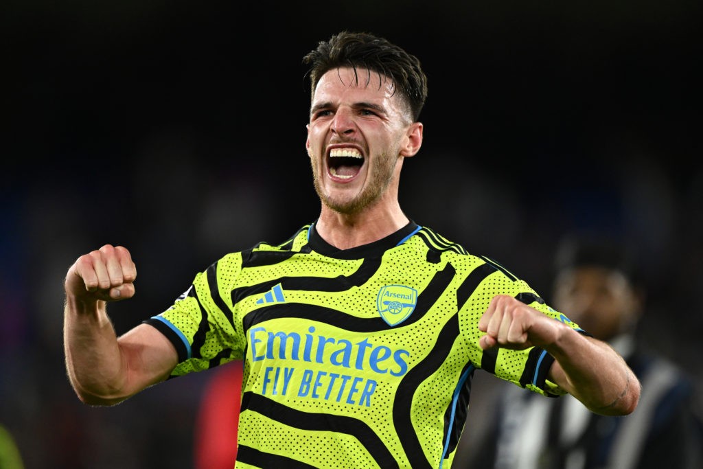 LONDON, ENGLAND - AUGUST 21: Declan Rice of Arsenal celebrates his team's victory after the Premier League match between Crystal Palace and Arsenal FC at Selhurst Park on August 21, 2023 in London, England. (Photo by Mike Hewitt/Getty Images)