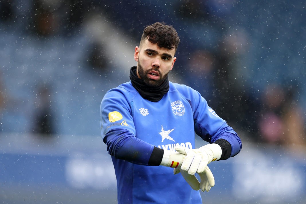 LIVERPOOL, ENGLAND - MARCH 11: David Raya of Brentford warms up prior to the Premier League match between Everton FC and Brentford FC at Goodison Park on March 11, 2023 in Liverpool, England. (Photo by Naomi Baker/Getty Images)