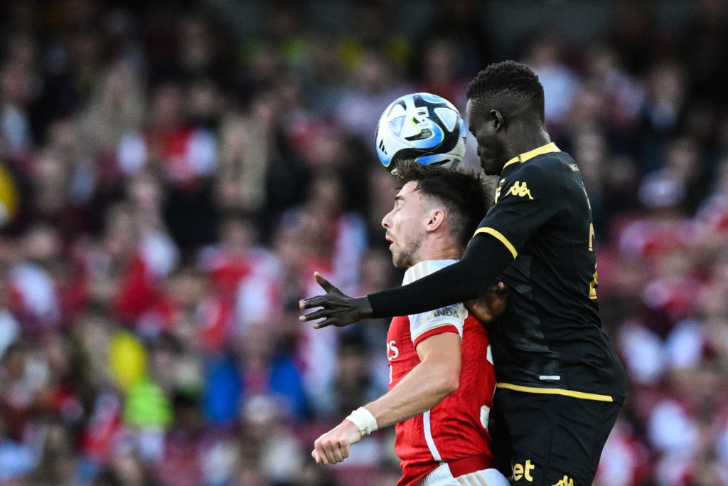 Arsenal's Scottish defender Kieran Tierney (L) fights for the ball with Monaco's Senegalese midfielder Krepin Diatta during the pre-season friendly football match for the Emirates Cup final between Arsenal and Monaco at The Emirates Stadium in north London on August 2, 2023. (Photo by GLYN KIRK/AFP via Getty Images)