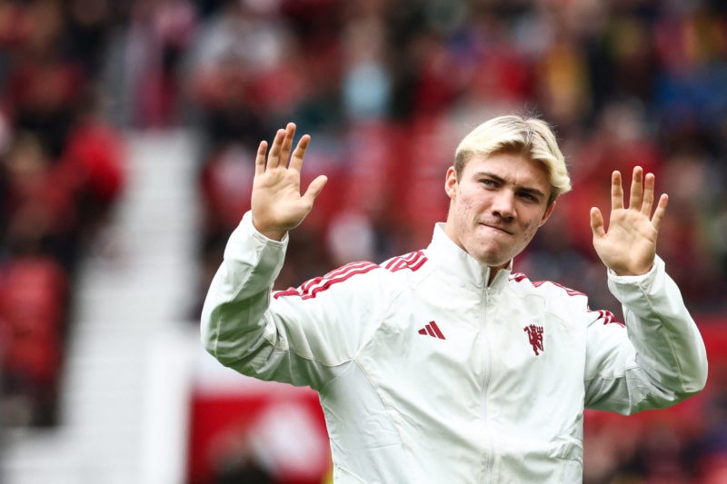 Manchester United's Danish forward Rasmus Hojlund reacts as he is introduced prior to the pre-season friendly football match between Manchester United and Lens at Old Trafford stadium, in Manchester, on August 5, 2023. (Photo by Darren Staples / AFP) (Photo by DARREN STAPLES/AFP via Getty Images)