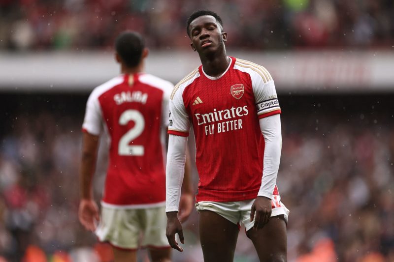 Arsenal's English striker #14 Eddie Nketiah reacts at the end of the English Premier League football match between Arsenal and Fulham at the Emirates Stadium in London on August 26, 2023. (Photo by HENRY NICHOLLS/AFP via Getty Images)