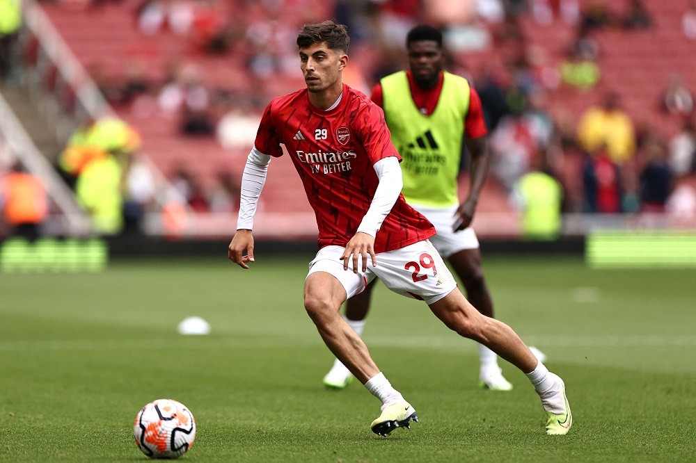 Arsenal's German midfielder #29 Kai Havertz warms up before the English Premier League football match between Arsenal and Fulham at the Emirates Stadium in London on August 26, 2023. (Photo by HENRY NICHOLLS/AFP via Getty Images)