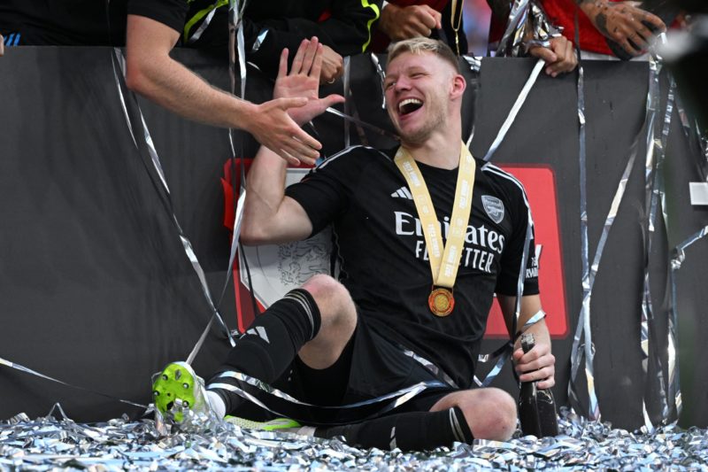 Arsenal's English goalkeeper Aaron Ramsdale celebrates winning the English FA Community Shield football match between Arsenal and Manchester City at Wembley Stadium, in London, August 6, 2023. Arsenal won after a 4-1 penalty shoot-out win, following the 1-1 draw in 90 minutes. (Photo by JUSTIN TALLIS/AFP via Getty Images)