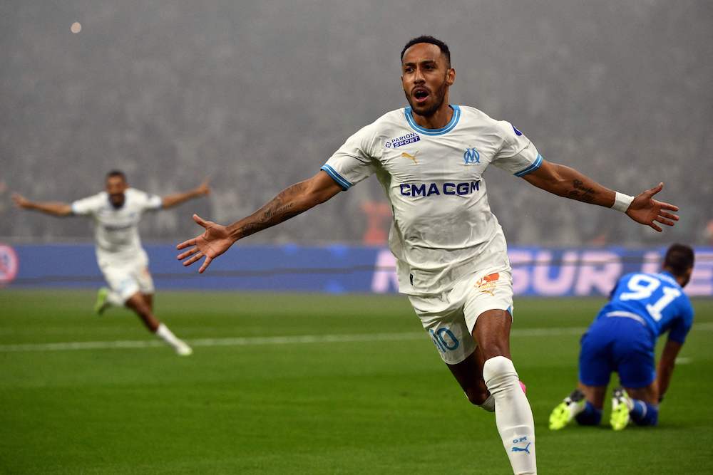 Marseille forward Pierre-Emerick Aubameyang celebrates after scoring a goal during the UEFA Champions League second leg of the third qualifying round football match between Olympique Marseille (OM) and Panathinaikos at the Velodrome stadium in Marseille, on August 15, 2023. (Photo by CHRISTOPHE SIMON/AFP via Getty Images)