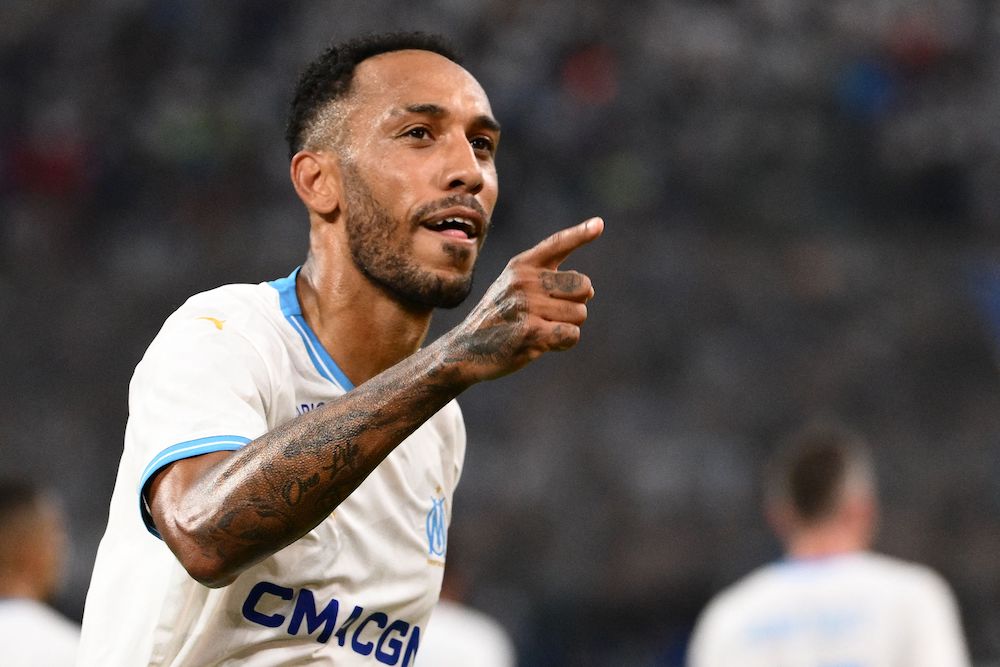 Marseille forward Pierre-Emerick Aubameyang celebrates after scoring a goal during the UEFA Champions League second leg of the third qualifying round football match between Olympique Marseille (OM) and Panathinaikos at the Velodrome stadium in Marseille, on August 15, 2023. (Photo by CHRISTOPHE SIMON/AFP via Getty Images)