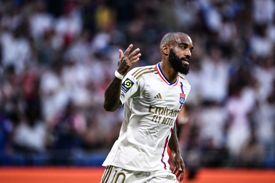 Lyon's French forward #10 Alexandre Lacazette celebrates scoring his team's first goal during the French L1 football match between Olympique Lyonnais (OL) and Montpellier Herault Sport Club (Montpellier Herault SC) at The Groupama Stadium in Decines-Charpieu, central-eastern France on August 19, 2023. (Photo by JEFF PACHOUD/AFP via Getty Images)