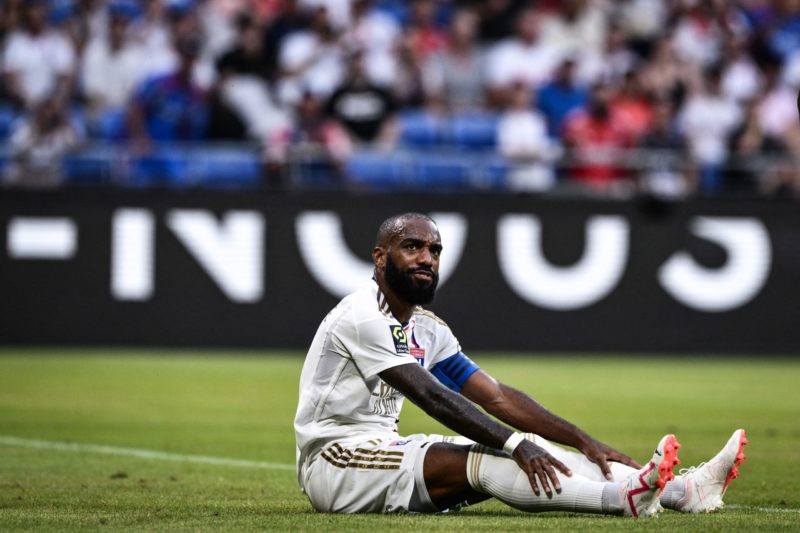 Lyon's French forward #10 Alexandre Lacazette reacts during the French L1 football match between Olympique Lyonnais (OL) and Montpellier Herault Sport Club (Montpellier Herault SC) at The Groupama Stadium in Decines-Charpieu, central-eastern France on August 19, 2023. (Photo by JEFF PACHOUD/AFP via Getty Images)