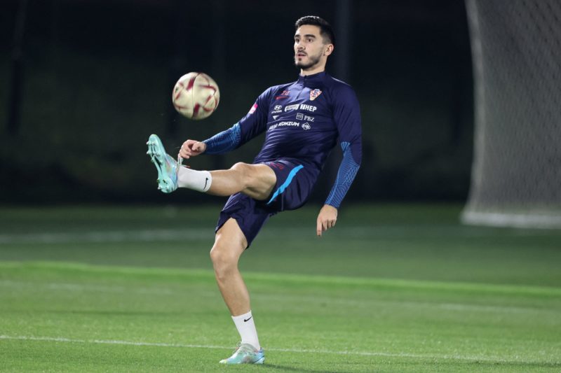 Croatia's defender #24 Josip Sutalo takes part in a training session at Al Erssal Training Site 3 in Doha on December 15, 2022, ahead of their third place play-off match against Morocco on December 17 during the Qatar 2022 World Cup football tournament. (Photo by JACK GUEZ/AFP via Getty Images)