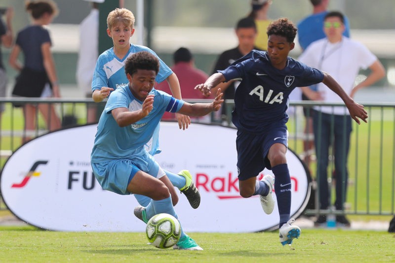 ORLANDO, FL - JULY 22:  Brendan Lambe #10 ICC Futures All Stars North Carolina and Reuell Walters #2 of Tottenham Hotspur FC (Right) chase the ball during the International Champions Cup 2018 Futures Tournament match at ESPN Wide World of Sports Complex on July 22, 2018 in Orlando, Florida. (Photo by Alex Menendez/ Getty Images)