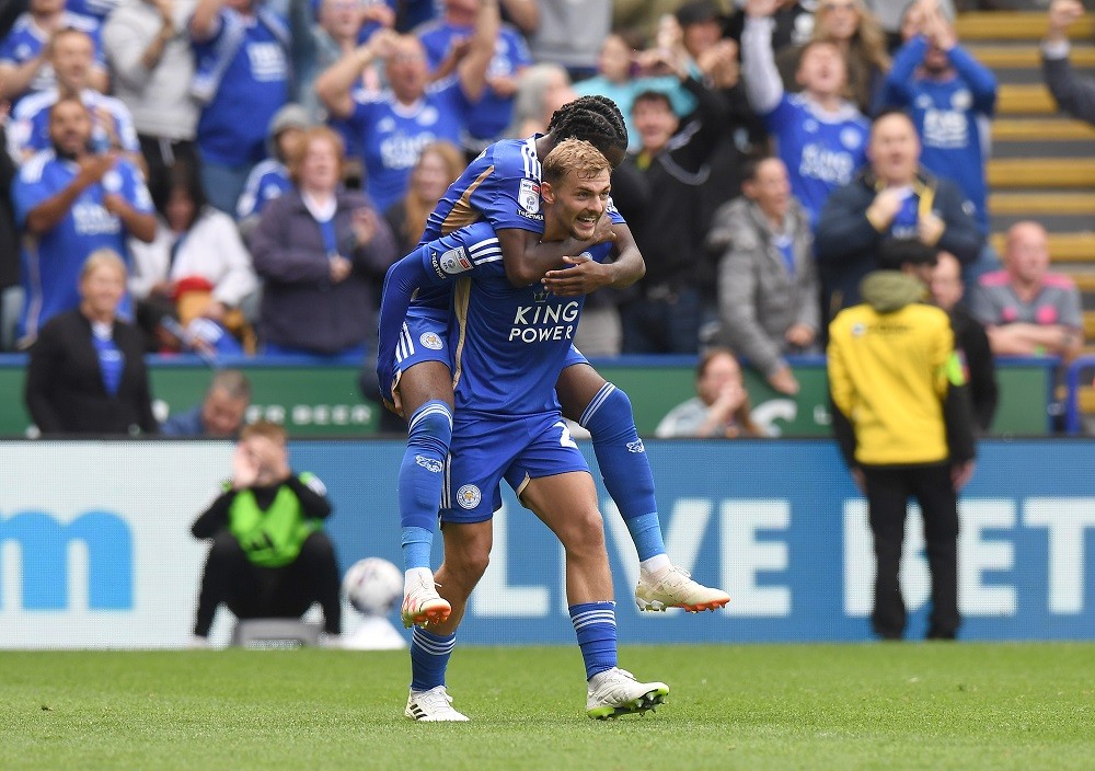 LEICESTER, ENGLAND: Kiernan Dewsbury-Hall of Leicester City celebrates scoring their second goal of the match with team mate Stephy Mavididi during the Sky Bet Championship match between Leicester City and Coventry City at The King Power Stadium on August 06, 2023. (Photo by Tony Marshall/Getty Images)