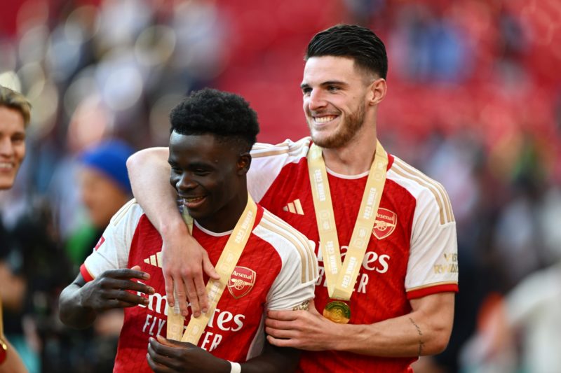LONDON, ENGLAND - AUGUST 06: Bukayo Saka and Declan Rice of Arsenal celebrate following the team's victory in the penalty shoot out during The FA Community Shield match between Manchester City against Arsenal at Wembley Stadium on August 06, 2023 in London, England. (Photo by Mike Hewitt/Getty Images)