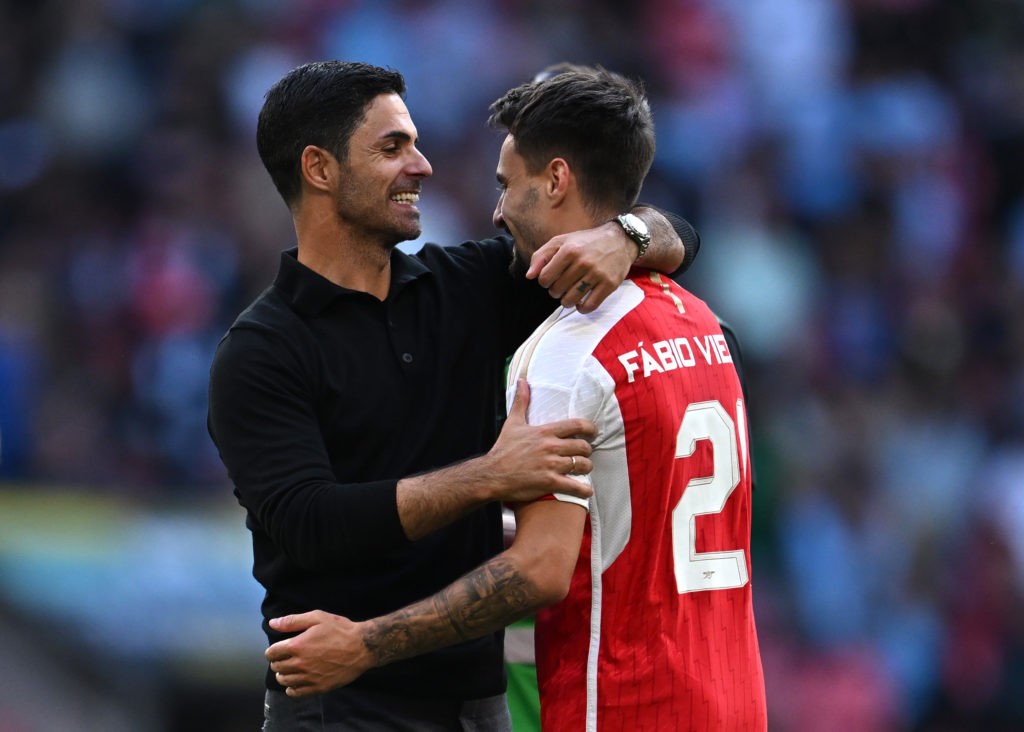 LONDON, ENGLAND - AUGUST 06: Mikel Arteta, Manager of Arsenal celebrates with Fabio Vieira following the team's victory in the penalty shoot out during The FA Community Shield match between Manchester City against Arsenal at Wembley Stadium on August 06, 2023 in London, England. (Photo by Shaun Botterill/Getty Images)
