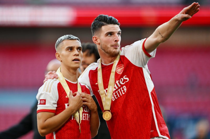 LONDON, ENGLAND - AUGUST 06: Leandro Trossard and Declan Rice of Arsenal celebrate following the team's victory after the penalty shootout during The FA Community Shield match between Manchester City against Arsenal at Wembley Stadium on August 06, 2023 in London, England. (Photo by Shaun Botterill/Getty Images)