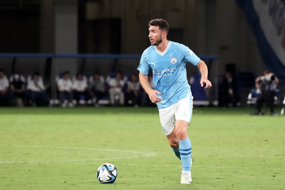 TOKYO, JAPAN: Aymeric Laporte of Manchester City in action during the preseason friendly match between Manchester City and Yokohama F.Marinos at National Stadium on July 23, 2023. (Photo by Koji Watanabe/Getty Images)
