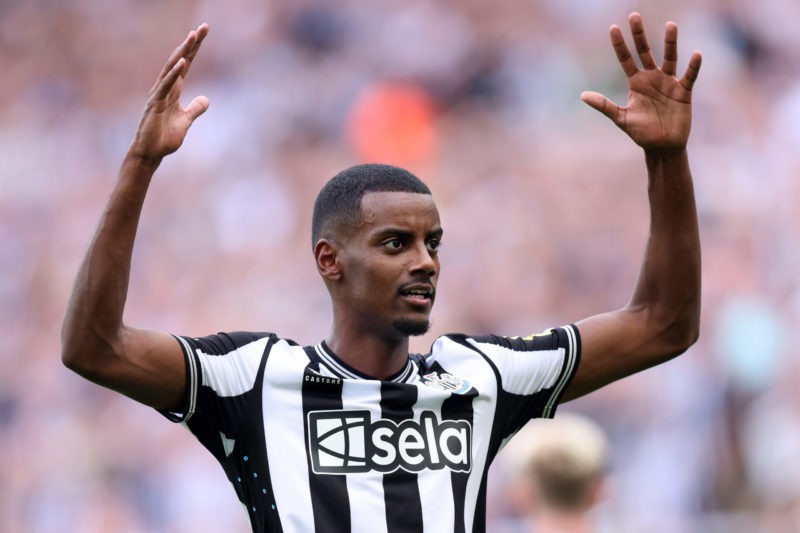 NEWCASTLE UPON TYNE, ENGLAND - AUGUST 12: Alexander Isak of Newcastle United celebrates after scoring the team's second goal during the Premier League match between Newcastle United and Aston Villa at St. James Park on August 12, 2023 in Newcastle upon Tyne, England. (Photo by George Wood/Getty Images)