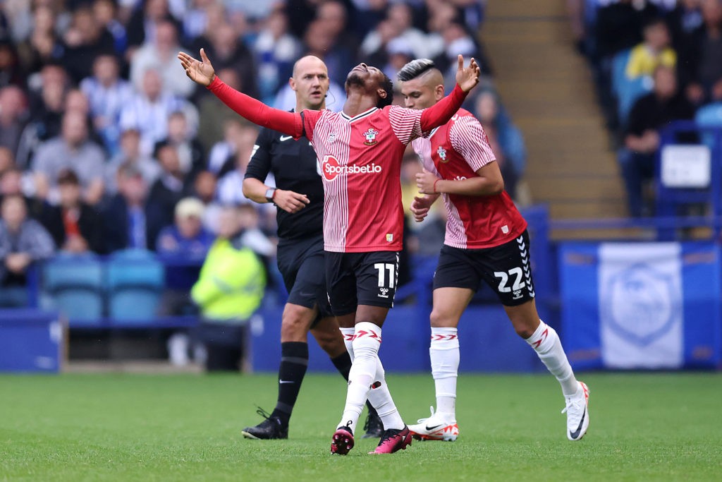 SHEFFIELD, ENGLAND - AUGUST 04: Nathan Tella of Southampton celebrates after scoring the team's first goal during the Sky Bet Championship match between Sheffield Wednesday and Southampton FC at Hillsborough on August 04, 2023 in Sheffield, England. (Photo by George Wood/Getty Images)