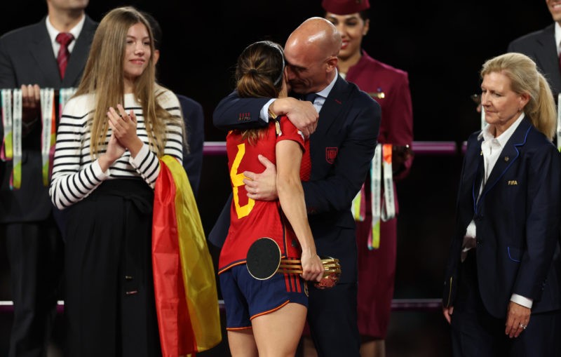 SYDNEY, AUSTRALIA - AUGUST 20: Luis Rubiales, President of the Royal Spanish Federation greets Aitana Bonmati of Spain after the FIFA Women's World Cup Australia & New Zealand 2023 Final match between Spain and England at Stadium Australia on August 20, 2023 in Sydney, Australia. (Photo by Catherine Ivill/Getty Images)