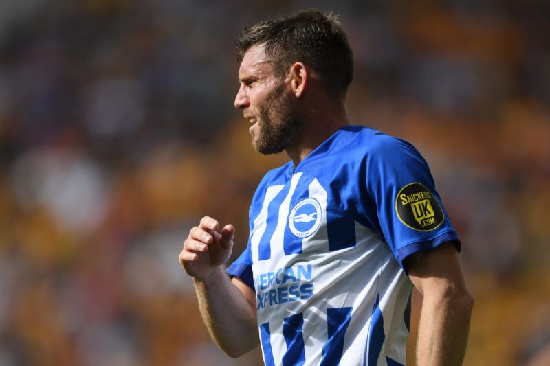 WOLVERHAMPTON, ENGLAND - AUGUST 19: James Milner of Brighton and Hove Albion reacts during the Premier League match between Wolverhampton Wanderers and Brighton & Hove Albion at Molineux on August 19, 2023 in Wolverhampton, England. (Photo by Harriet Lander/Getty Images)