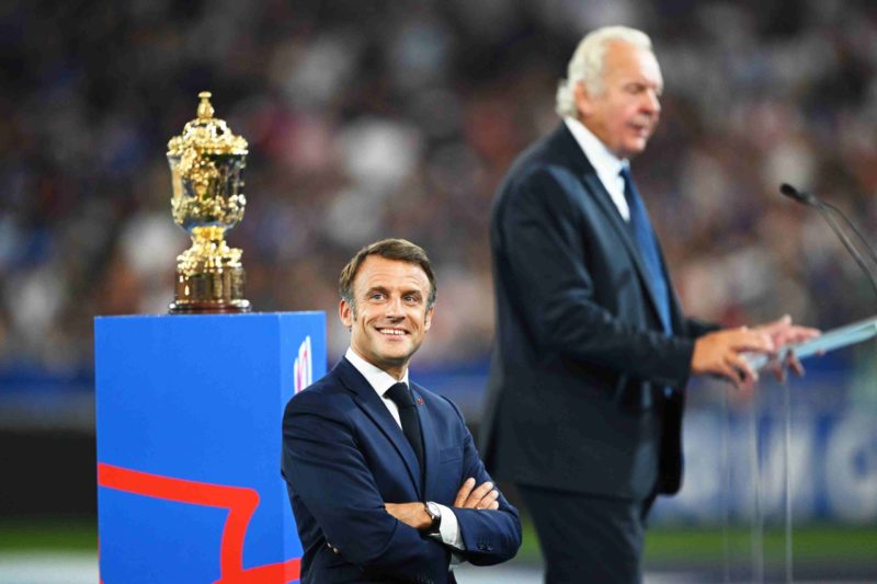 PARIS, FRANCE - SEPTEMBER 08: Emmanuel Macron, President of France, looks on as Sir Bill Beaumont CBE, Chairperson of World Rugby, makes a speech during the opening ceremony prior to the Rugby World Cup France 2023 Pool A match between France and New Zealand at Stade de France on September 08, 2023 in Paris, France. (Photo by Shaun Botterill/Getty Images)