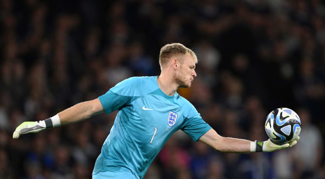 GLASGOW, SCOTLAND - SEPTEMBER 12: England goalkeeper Aaron Ramsdale in action during the 150th Anniversary Heritage Match between Scotland and England at Hampden Park on September 12, 2023 in Glasgow, Scotland. (Photo by Stu Forster/Getty Images)