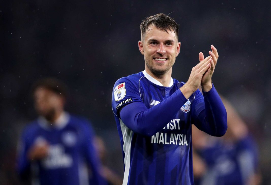 CARDIFF, WALES - SEPTEMBER 16: Aaron Ramsey of Cardiff City applauds the fans as he celebrates victory after defeating Swansea City during the Sky Bet Championship match between Cardiff City and Swansea City at Cardiff City Stadium on September 16, 2023 in Cardiff, Wales. (Photo by Ryan Hiscott/Getty Images)