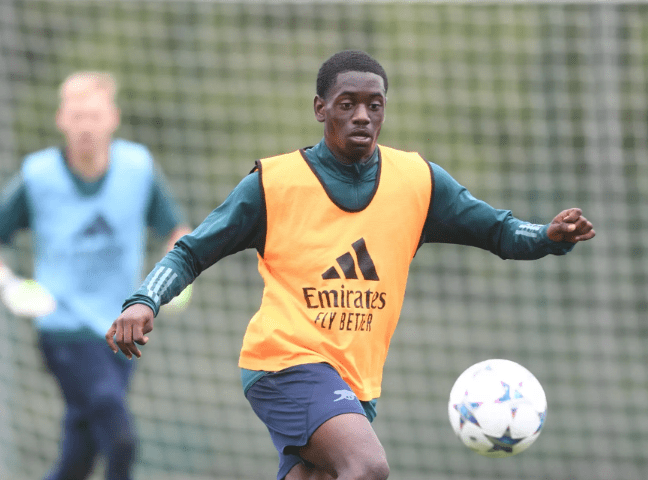 Charles Sagoe Jr involved in first-team training with Arsenal (Photo by Stuart MacFarlane/Arsenal FC via Getty Images)