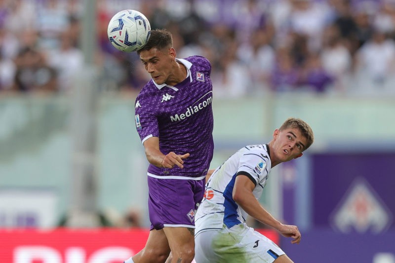 FLORENCE, ITALY - SEPTEMBER 17: Lucas Martinez Quarta of ACF Fiorentina in action against Charles De Ketelaer of Atalanta BC during the Serie A TIM match between ACF Fiorentina and Atalanta BC at Stadio Artemio Franchi on September 17, 2023 in Florence, Italy. (Photo by Gabriele Maltinti/Getty Images)