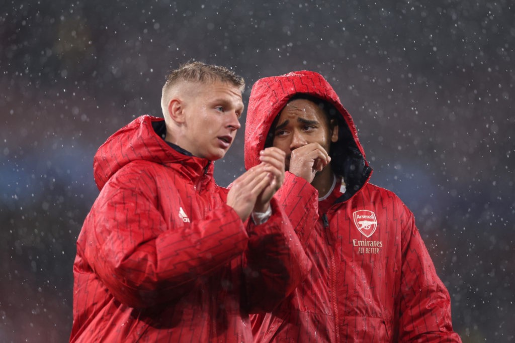 LONDON, ENGLAND - SEPTEMBER 20: Gabriel Jesus talks with Arsenal team mate Oleksandr Zinchenko during the UEFA Champions League match between Arsenal FC and PSV Eindhoven at Emirates Stadium on September 20, 2023 in London, England. (Photo by Alex Pantling/Getty Images)