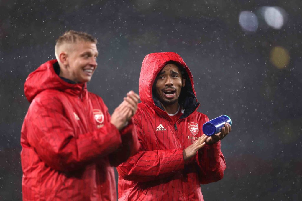 LONDON, ENGLAND - SEPTEMBER 20: Gabriel Jesus talks with Arsenal team mate Oleksandr Zinchenko during the UEFA Champions League match between Arsenal FC and PSV Eindhoven at Emirates Stadium on September 20, 2023 in London, England. (Photo by Alex Pantling/Getty Images)