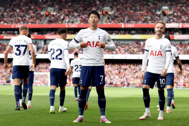 LONDON, ENGLAND - SEPTEMBER 24: Heung-Min Son of Tottenham Hotspur celebrates after scoring the team's second goal during the Premier League match between Arsenal FC and Tottenham Hotspur at Emirates Stadium on September 24, 2023 in London, England. (Photo by Ryan Pierse/Getty Images)