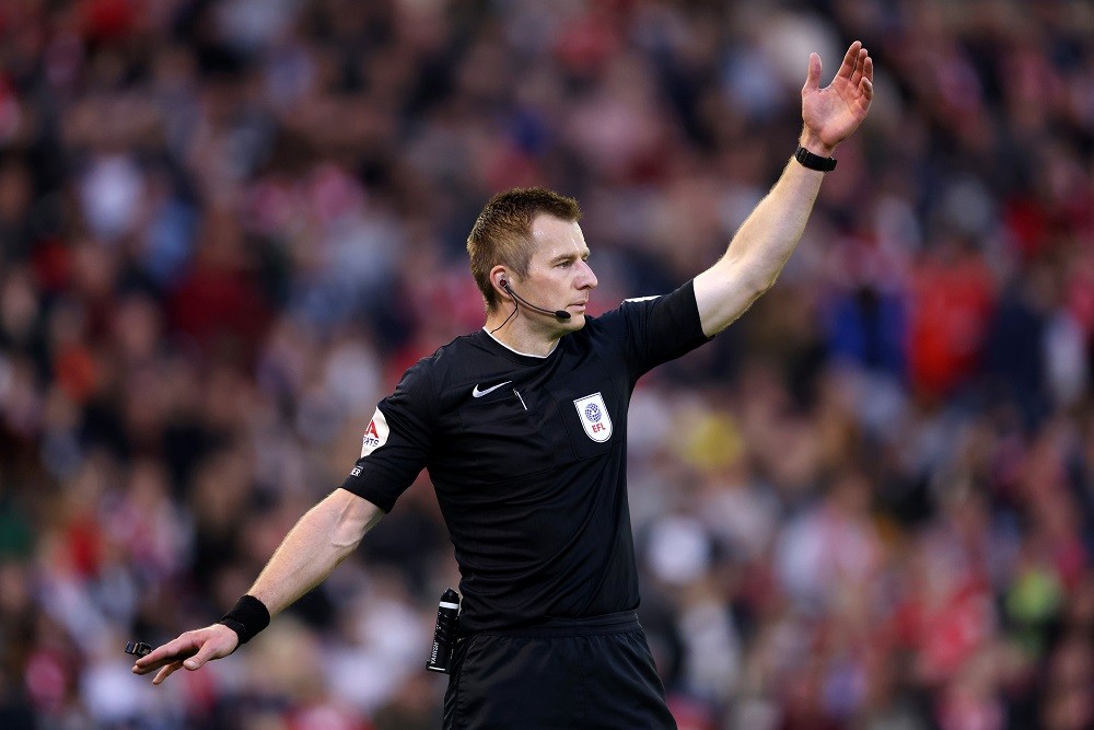 BARNSLEY, ENGLAND: Referee, Michael Salisbury reacts during the Sky Bet League One Play-Off Semi-Final Second Leg match between Barnsley and Bolton Wanderers at Oakwell Stadium on May 19, 2023. (Photo by George Wood/Getty Images)