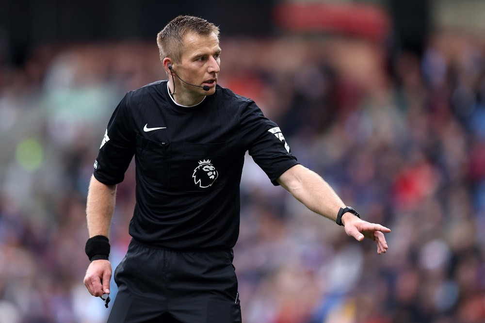 BURNLEY, ENGLAND: Referee, Michael Salisbury reacts during the Premier League match between Burnley FC and Aston Villa at Turf Moor on August 27, 2023. (Photo by George Wood/Getty Images)