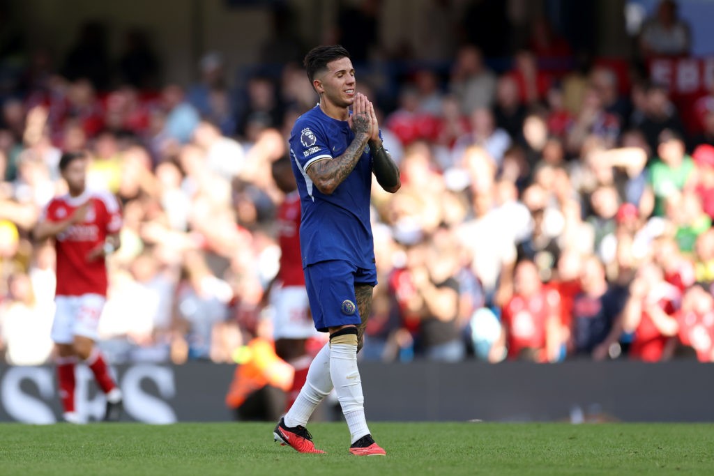 LONDON, ENGLAND: Enzo Fernandez of Chelsea reacts following the team's defeat during the Premier League match between Chelsea FC and Nottingham Forest at Stamford Bridge on September 02, 2023. (Photo by Eddie Keogh/Getty Images)