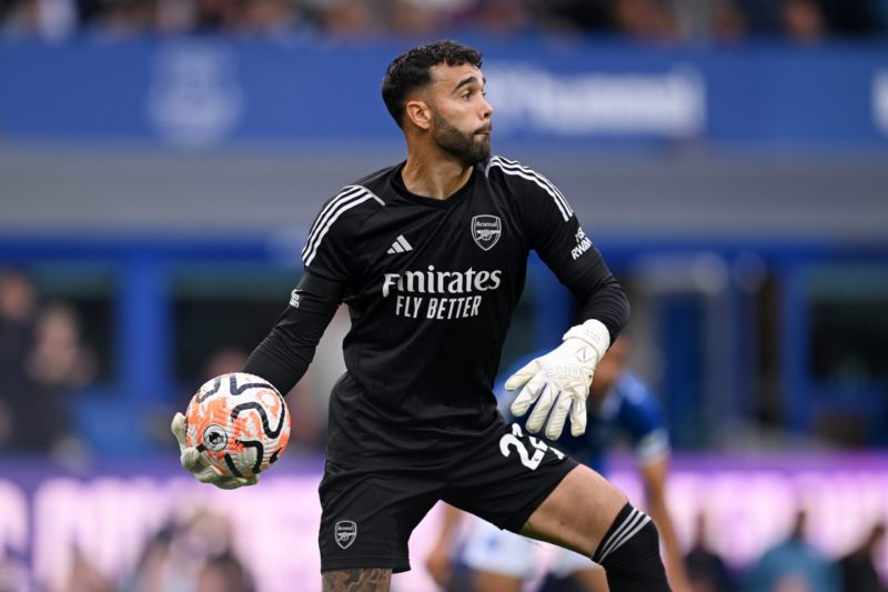 LIVERPOOL, ENGLAND - SEPTEMBER 17: David Raya of Arsenal prepares to distribute the ball during the Premier League match between Everton FC and Arsenal FC at Goodison Park on September 17, 2023 in Liverpool, England. (Photo by Michael Regan/Getty Images)