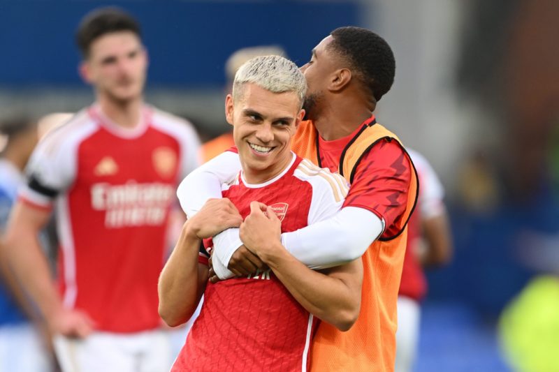 LIVERPOOL, ENGLAND - SEPTEMBER 17: Leandro Trossard and Reiss Nelson of Arsenal celebrate after the team's victory in the Premier League match between Everton FC and Arsenal FC at Goodison Park on September 17, 2023 in Liverpool, England. (Photo by Michael Regan/Getty Images)