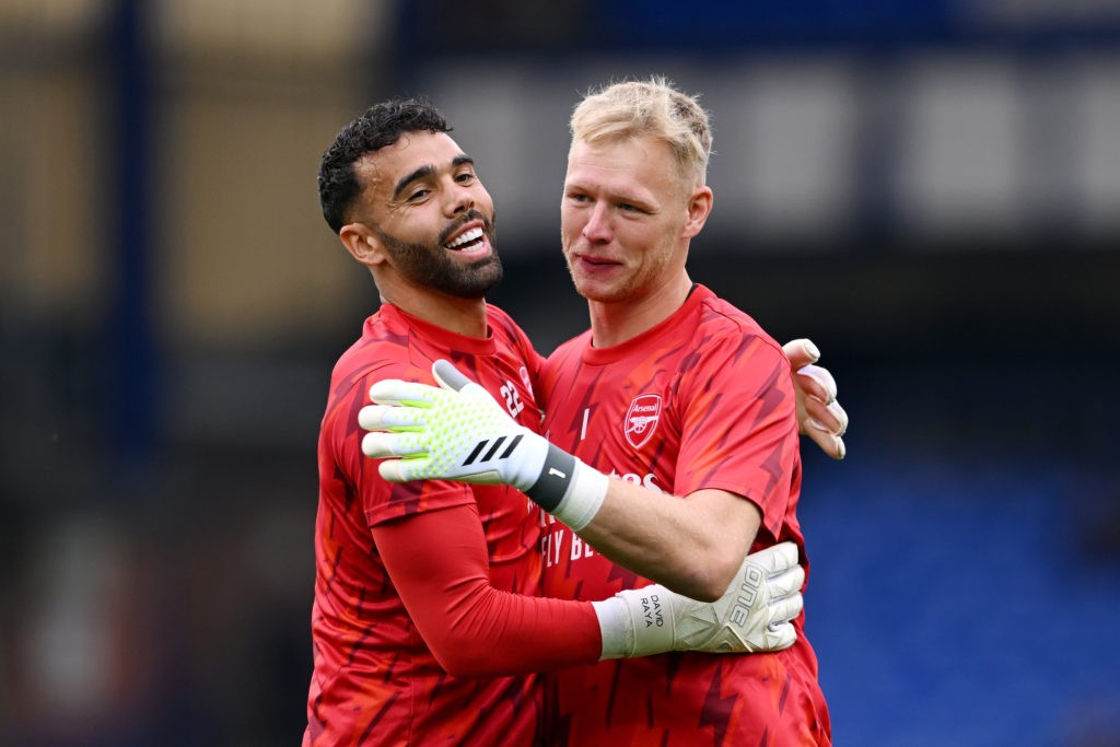 LIVERPOOL, ENGLAND - SEPTEMBER 17: David Raya and Aaron Ramsdale of Arsenal interact prior to the Premier League match between Everton FC and Arsenal FC at Goodison Park on September 17, 2023 in Liverpool, England. (Photo by Michael Regan/Getty Images)