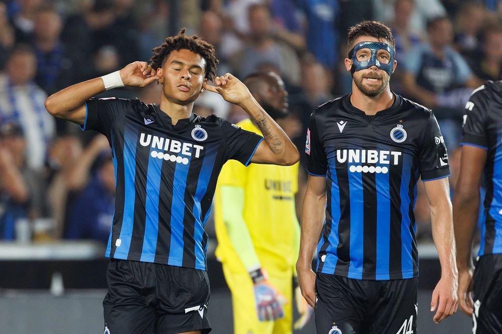 Club's Norwegian forward Antonio Nusa celebrates after scoring a goal during the Belgian "Pro League" First Division football match between Club Brugge KV and Sporting Charleroi on September 16, 2023. (Photo by KURT DESPLENTER/BELGA/AFP via Getty Images)