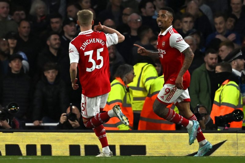 Arsenal's Brazilian striker Gabriel Jesus (R) celebrates scoring the team's third goal with Arsenal's Ukrainian defender Oleksandr Zinchenko (L) during the English Premier League football match between Arsenal and Chelsea at the Emirates Stadium, in London, on May 2, 2023. (Photo by BEN STANSALL/AFP via Getty Images)