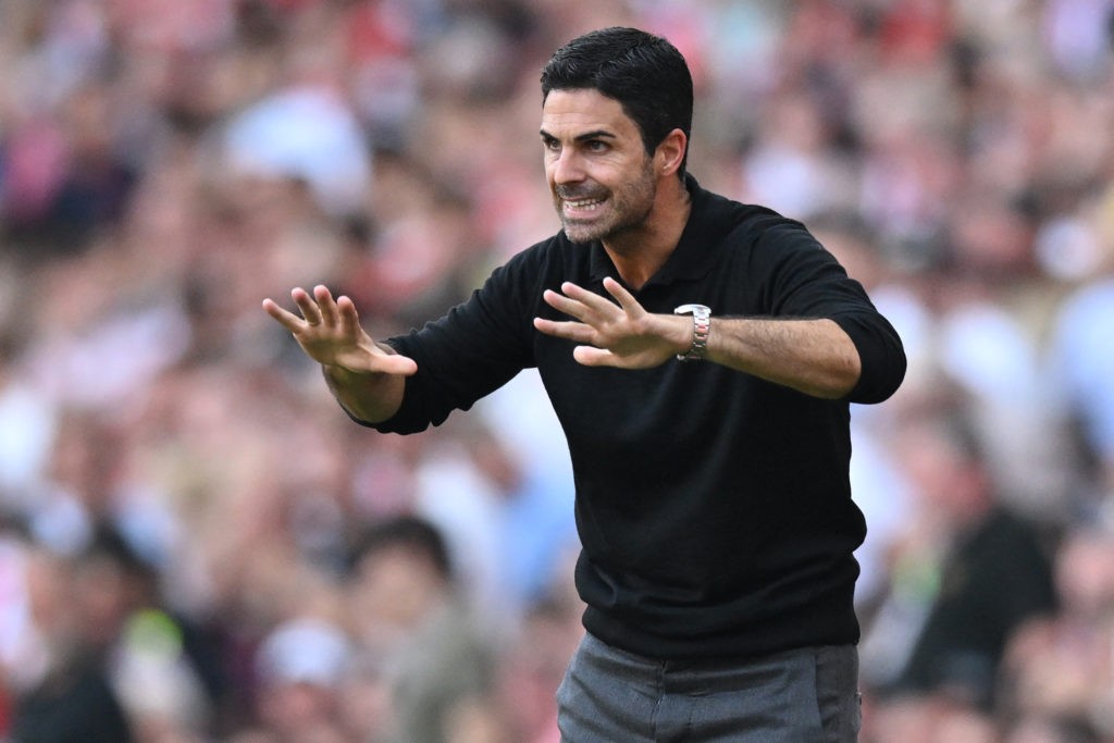 Arsenal's Spanish manager Mikel Arteta gestures on the touchline during the English Premier League football match between Arsenal and Manchester United at the Emirates Stadium in London on September 3, 2023. (Photo by GLYN KIRK/AFP via Getty Images)