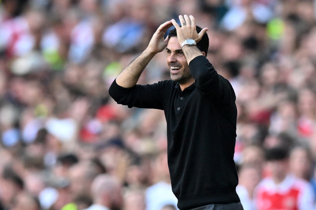 Arsenal's Spanish manager Mikel Arteta gestures on the touchline as a penalty decision is reviewed by the VAR (Video Assistant Referee) during the English Premier League football match between Arsenal and Manchester United at the Emirates Stadium in London on September 3, 2023. (Photo by GLYN KIRK/AFP via Getty Images)