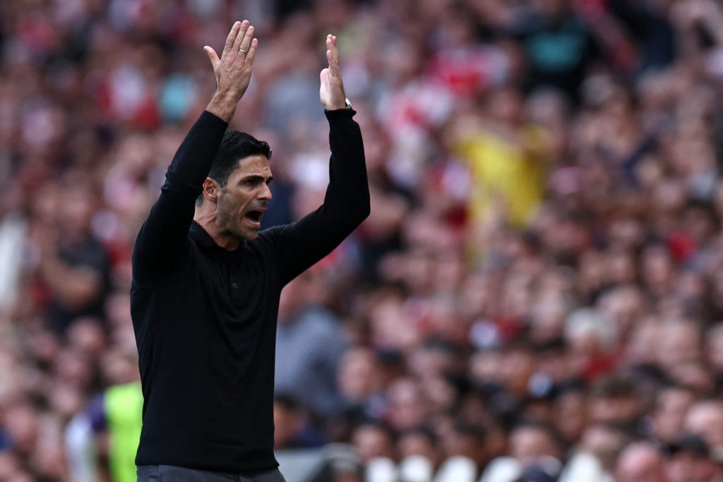 Arsenal's Spanish manager Mikel Arteta gestures on the touchline during the English Premier League football match between Arsenal and Tottenham Hotspur at the Emirates Stadium in London on September 24, 2023. (Photo by HENRY NICHOLLS/AFP via Getty Images)