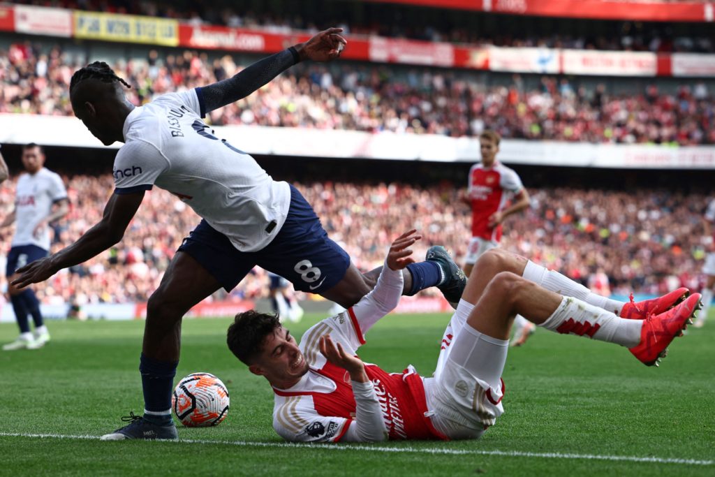 Tottenham Hotspur's Ivorian-born Malian midfielder #08 Yves Bissouma (L) vies with Arsenal's German midfielder #29 Kai Havertz (R) during the English Premier League football match between Arsenal and Tottenham Hotspur at the Emirates Stadium in London on September 24, 2023. (Photo by HENRY NICHOLLS/AFP via Getty Images)