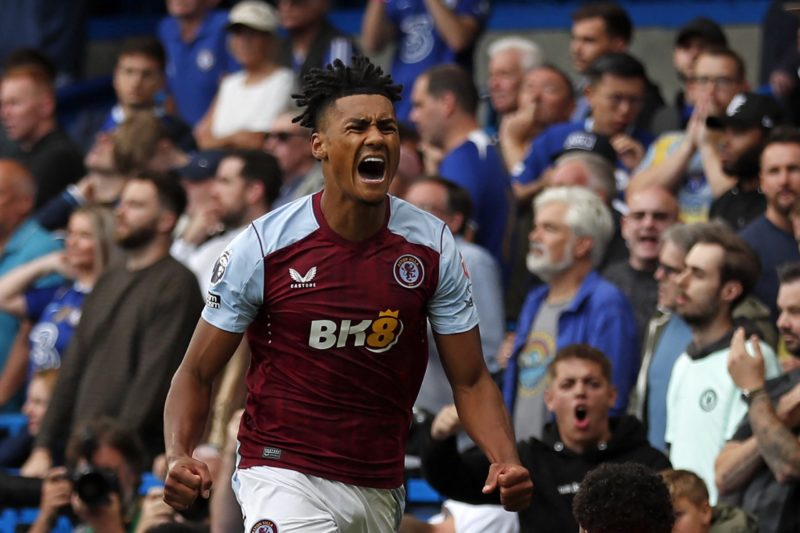 Aston Villa's English striker #11 Ollie Watkins celebrates after scoring the opening goal of the English Premier League football match between Chelsea and Aston Villa at Stamford Bridge in London on September 24, 2023. (Photo by IAN KINGTON/AFP via Getty Images)