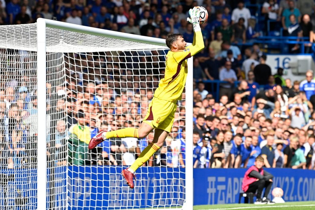 Nottingham Forest's US goalkeeper #01 Matt Turner makes a save during the English Premier League football match between Chelsea and Nottingham Forest at Stamford Bridge in London on September 2, 2023. (Photo by JUSTIN TALLIS/AFP via Getty Images)