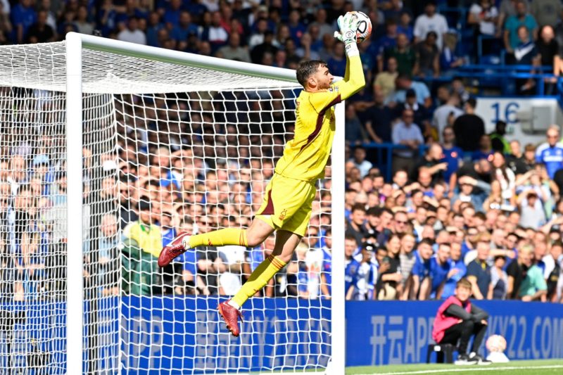 Nottingham Forest's US goalkeeper #01 Matt Turner makes a save during the English Premier League football match between Chelsea and Nottingham Forest at Stamford Bridge in London on September 2, 2023. (Photo by JUSTIN TALLIS/AFP via Getty Images)