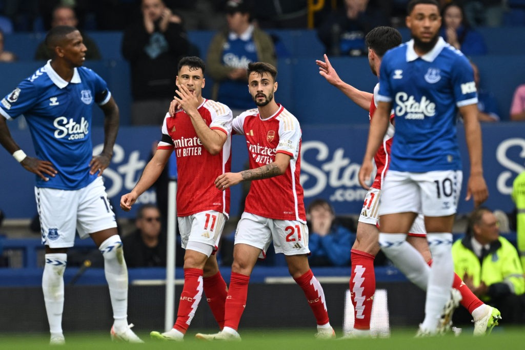 Arsenal's Brazilian midfielder #11 Gabriel Martinelli (2L) reacts after a goal he scores is disallowed for offside after a VAR (Video Assistant Referee) review during the English Premier League football match between Everton and Arsenal at Goodison Park in Liverpool, north west England on September 17, 2023. (Photo by PAUL ELLIS/AFP via Getty Images)