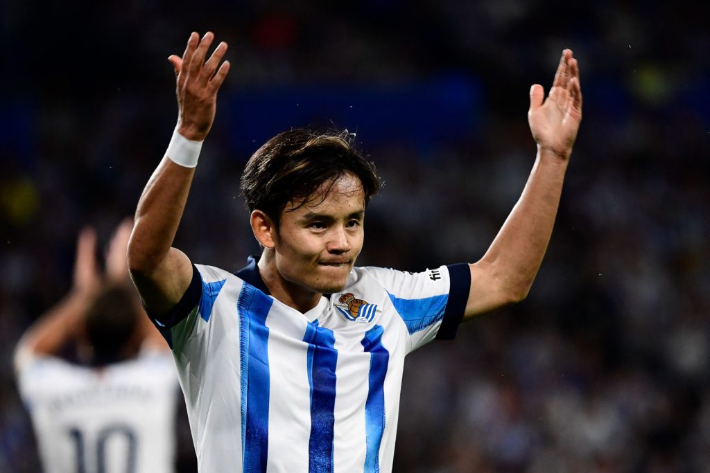 Real Sociedad's Japanese forward #14 Takefusa Kubo reacts during the UEFA Champions League 1st round day 1 group D football match between Real Sociedad and Inter Milan at the Reale Arena stadium in San Sebastian on September 20, 2023. (Photo by ANDER GILLENEA/AFP via Getty Images)