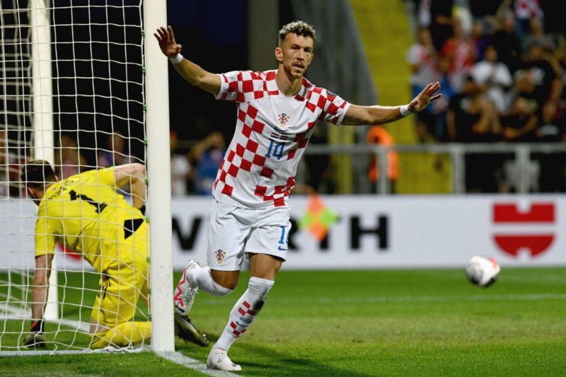Croatia's forward #14 Ivan Perisic celebrates scoring Croatia's first goal during the UEFA Euro 2024 football tournament group D qualification football match between Croatia and Latvia at the Rujevica Stadium in Rijeka, on September 08, 2023. (Photo by DENIS LOVROVIC/AFP via Getty Images)