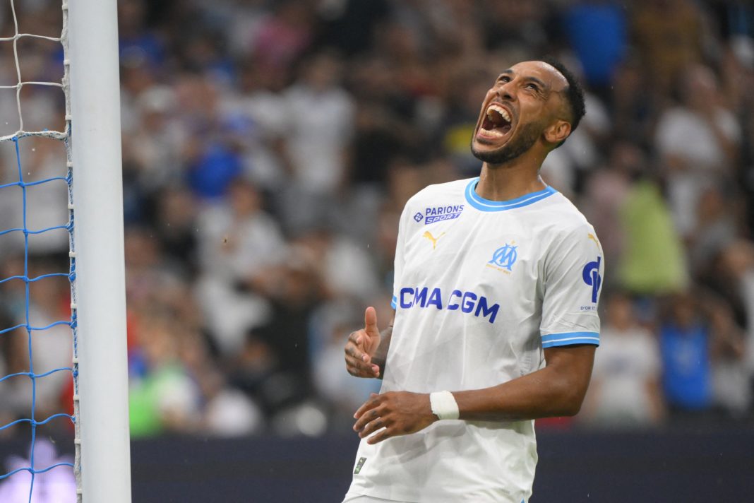 Marseille's French-Gabonese forward #10 Pierre-Emerick Aubameyang reacts during the French L1 football match between Olympique de Marseille (OM) and Brest at the Velodrome stadium in Marseille, southern France, on August 26, 2023. (Photo by NICOLAS TUCAT/AFP via Getty Images)