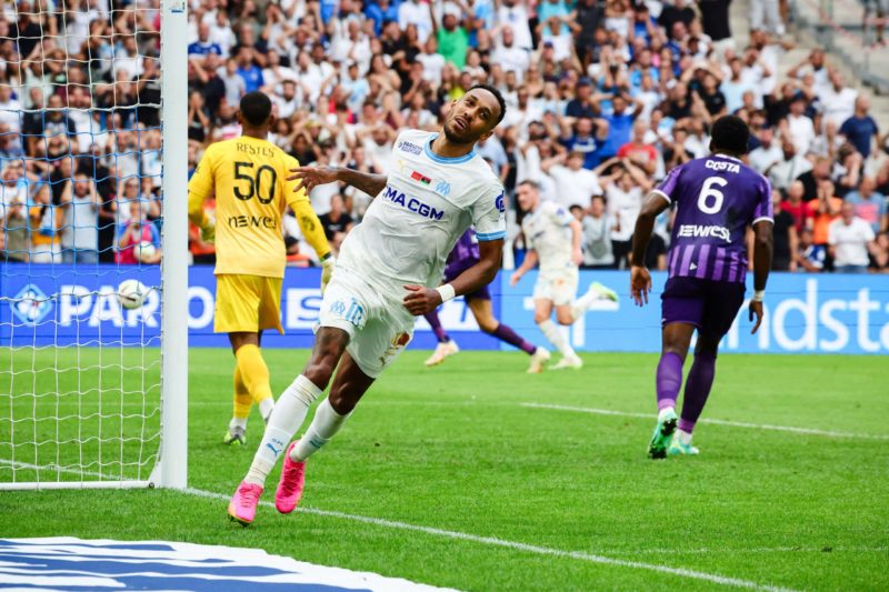 Marseille's Gabonese forward #10 Pierre-Emerick Aubameyang reacts during the French L1 football match between Olympique Marseille (OM) and Toulouse FC at Stade Velodrome in Marseille, southern France on September 17, 2023. Photo by CLEMENT MAHOUDEAU/AFP via Getty Images)